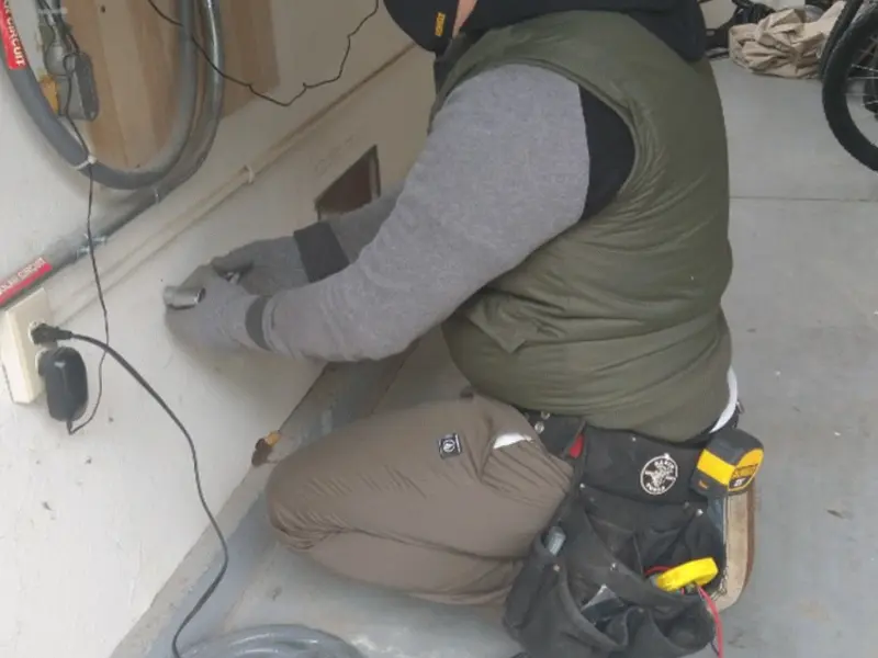 Electrician performing outlet wiring in a North Whitehall garage